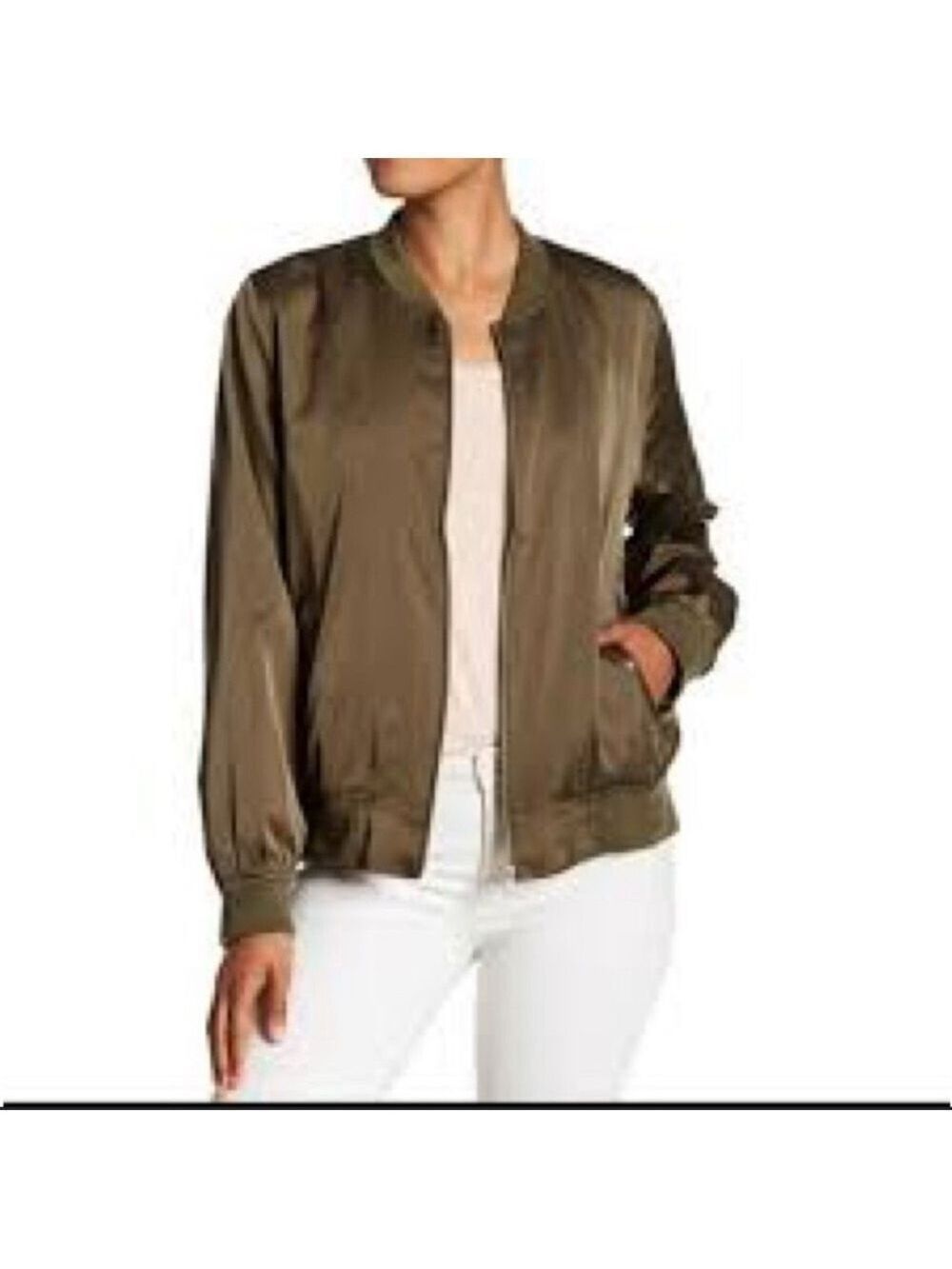 Philosophy satin olive greenn classic zippered bomber jacket size small